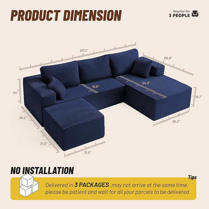 107" Boneless Couch with Deep Seat, Modular Sectional Sofa, Cloud Sectional Couch for Living Room, No Assembly Required, Corduroy, U-Shape 3 Seater Right, Blue