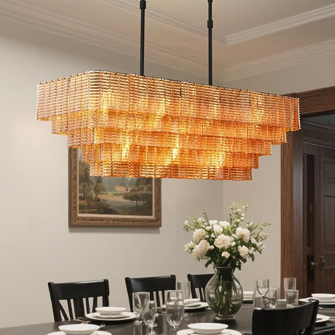 Rectangular Large Chandelier for Dining Room, 59" Black Pendant Light Fixture Over Kitchen Island, Linear Chandelier with Adjustable Height, Amber Glass Chandeliers for Dining Table & Living Room