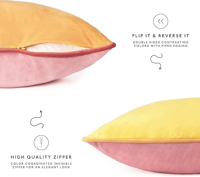MONDAY MOOSE Decorative Throw Pillow Covers Cushion Cases, Set of 4 Soft Velvet Modern Double-Sided Designs, Mix and Match for Home Decor, Pillow Inserts Not Included (12x20 inch, Yellow/Pink)