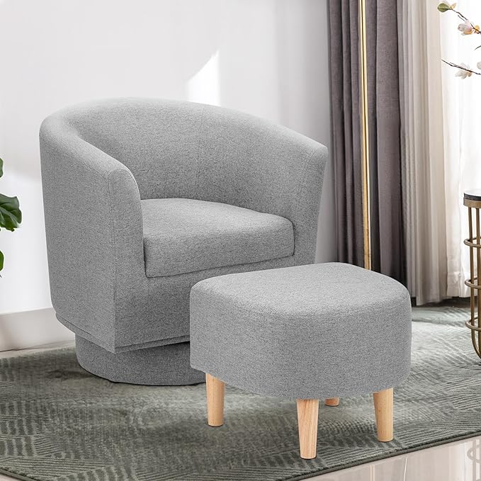 DAZONE Swivel Accent Chair, Modern Barrel Chair with Ottoman, Comfortable Living Room Chairs Upholstered Armchairs 360 Degree Swivel Round Club Tub Armchair for Bedroom Reading Room, Grey