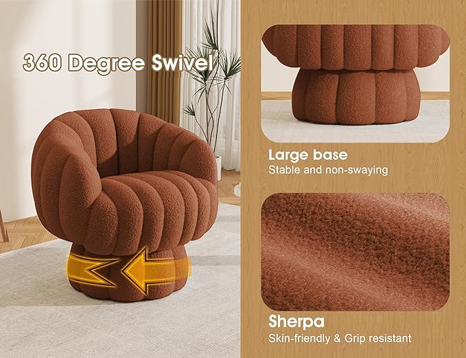Mid Century Modern 360 Degree Barrel Swivel Accent Sofa Chair,Fluffy Sherpa Fabric Lounge Wide Upholstered Pumpkin Reading Chair, Round Cloud Armchair for Living Room,Bedroom,Vanity(Burnt Orange)