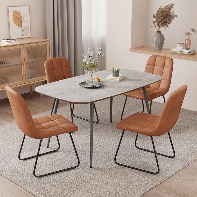 47.2'' Dining Table Set for 4,Modern Wood Dining Table,Leather Dining Chairs 4,Table and Chairs Set of 4,Ideal for Kitchen Dining Room (Gray Table + 4 U-Shaped Brown Chairs, 47.2")