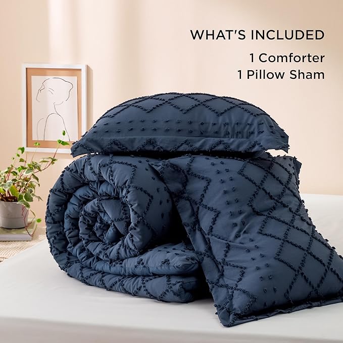 Bedsure Twin Comforter Set - Navy Blue Comforter, Boho Tufted Shabby Chic Bedding for Kids, 2 Pieces Vintage Farmhouse Bed Set for All Seasons, Fluffy Soft Bedding with 1 Pillow Sham