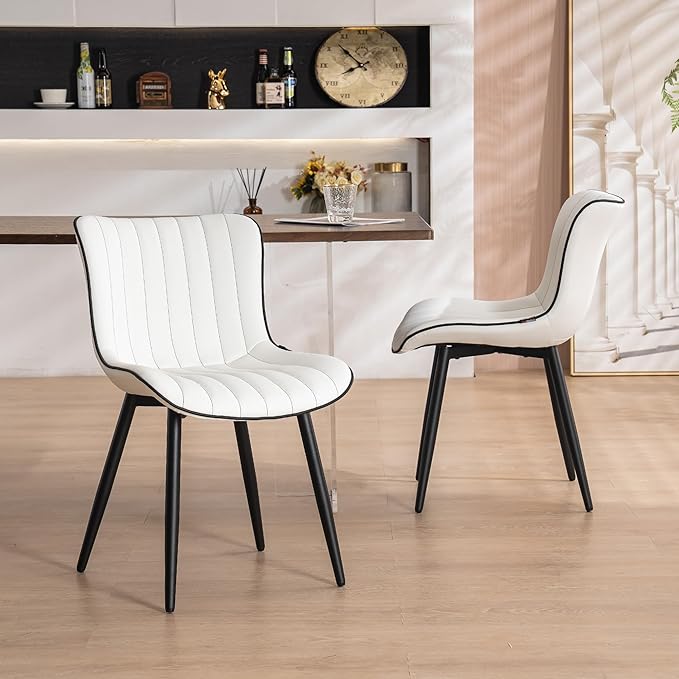 YOUNUOKE Mid-Century Modern Dining Chairs Set of 2, White PU Leather Upholstered Kitchen Chairs with Black Metal Legs, Armless Accent Chair for Dining Room, Guest Reception Room