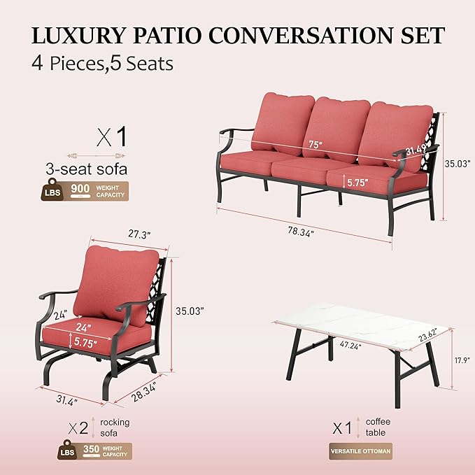 HERA'S HOUSE 4 Piece Patio Furniture Set, 2 x Rocking Metal Frame Cushioned Chair, 3-Seat Sofa with Marbling Coffee Table, All Weather Outdoor Conversation Set for Lawn Garden Backyard, Red