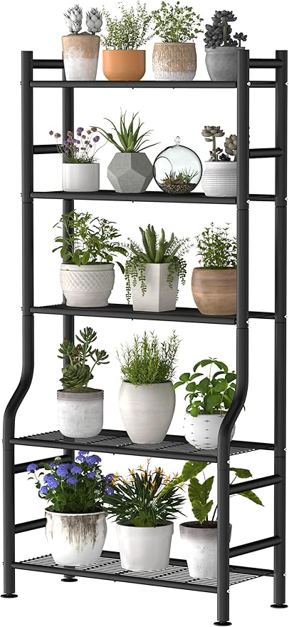 Plant Stand Indoor Outdoor, 5-Tier Metal Tall Plant Stands for Multiple Flower Planter Holder, Large Waterproof Plant Shelf for Living Room Garden Balcony, Black