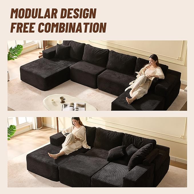 138" Boneless Couch with Deep Seat, Modular Sectional Sofa, Cloud Sectional Couch for Living Room, No Assembly Required, Corduroy, U-Shape 4 Seater Left, Black