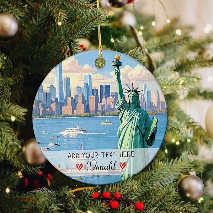 Personalized Statue of Liberty Ceramic Christmas Ornament 2025, New York US Xmas Ornament Gift for Mom Dad Family Friends Travellers, Custom Text/Name New York City Travel Souvenir Keepsake Ornaments
