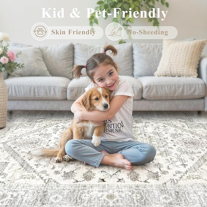 LIVEBOX Washable Area Rug 8x10 - Large Beige Vintage Tribal Living Room Rug Oriental for Bedroom, Non-Slip Retro Medallion Carpet Print Distressed for Dining Room Guest Office