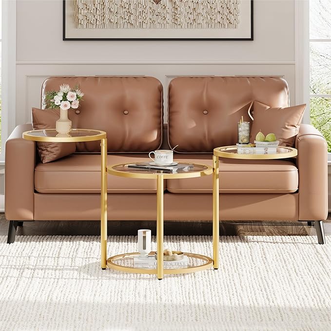 Round Glass Coffee Table - 4 Tier Coffee Tables for Living Room with Rotating Top, Circle Coffee Table with Storage, Modern Clear Center Table with Metal Frame for Small Space, Office, Gold