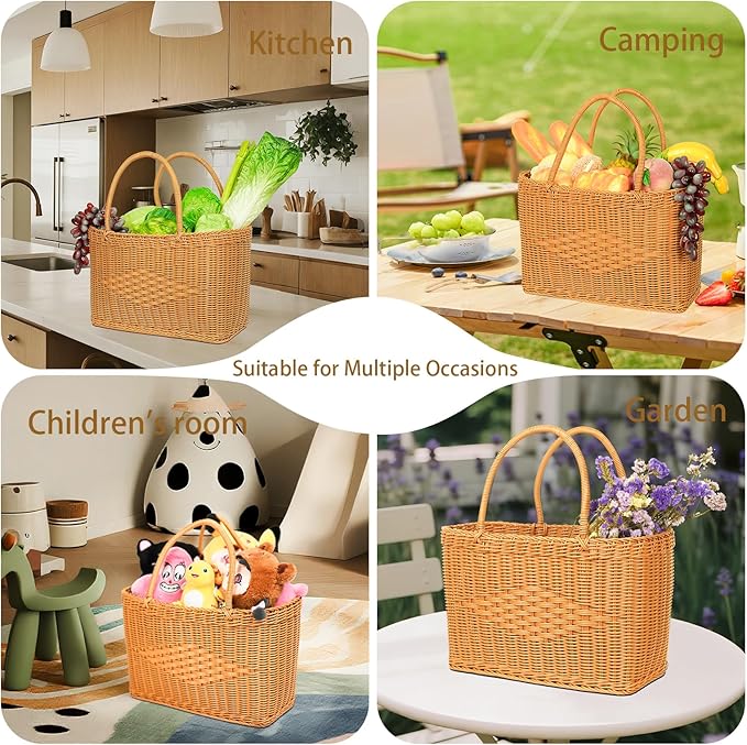 Big Picnic Basket-40cm Diameter with Handles Handmade Plastic Rattan Woven Basket Multifunctional Woven Storage Basket, Storage Basket for Camping,Shopping, Market, Birthday, Wedding,Picnic, Party