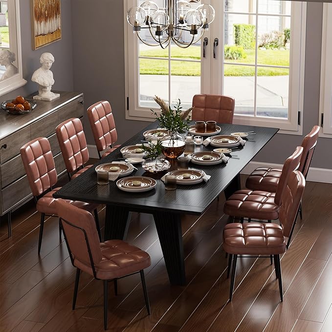 Leather Dining Chairs Set of 6, Upholstered Dining Room Kitchen Chairs with Thick Cushion, High Backrest, Metal Legs, Mid Century Modern Side Chair for Home Living Room Cafe Restaurant, Brown