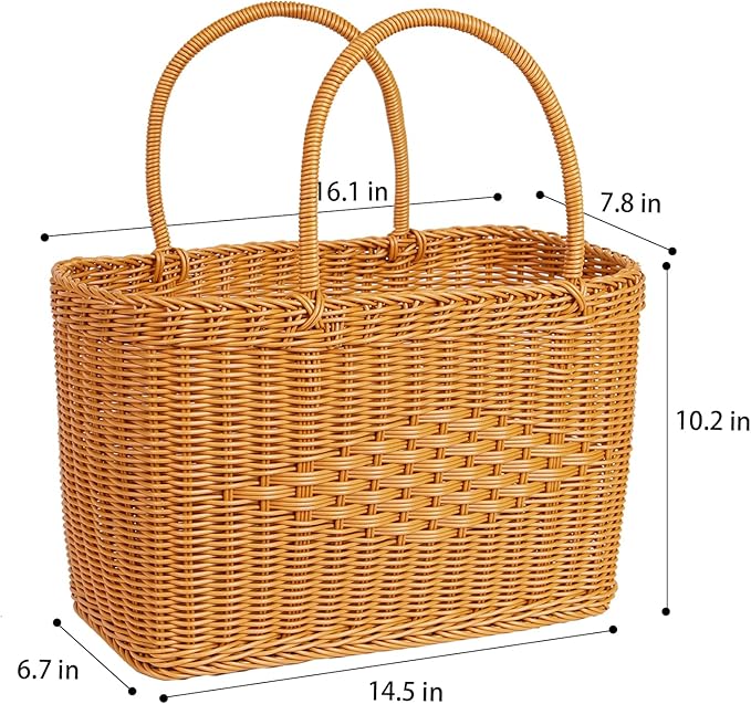 Big Picnic Basket-40cm Diameter with Handles Handmade Plastic Rattan Woven Basket Multifunctional Woven Storage Basket, Storage Basket for Camping,Shopping, Market, Birthday, Wedding,Picnic, Party