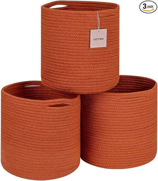 voten Storage Cubes Baskets Bins Organizer 11x11x11'' Fit 12x12''Cube Bookcases Shelf,Durable Woven Cotton Storage Basket for Organizing,Round 3Pack Brick Red