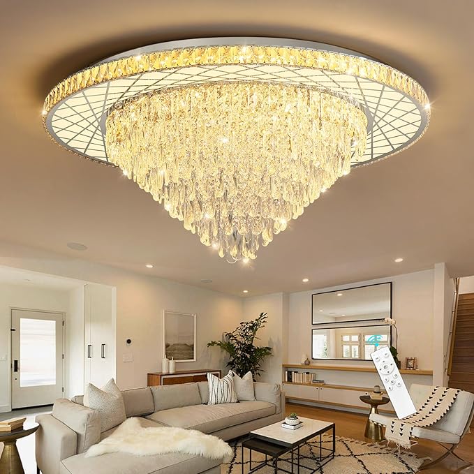 Large Chandelier for Living Room High Ceiling Modern Crystal Ceiling Chandeliers Light for Dining Room Entryway Lights with 90W LEDs Dimmable Bulbs Silver Lighting Fixtures