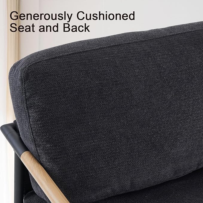 Accent Chair Set of 2,Mid Century Modern Armchair for Living Room,Bedroom,Office,Lounge Comfy Chenille Upholstered Soft Removable Washable Cushions and Pillows,Metal Wood-Grain Armrest Legs,2PCS,Black
