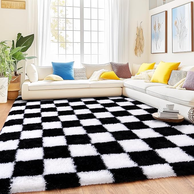 Checkered Rug for Living Room 8x10, Ultra Fluffy Fuzzy Shag Black and White Large Area Rug for Bedroom, Modern Plush Soft Upgrade Non-Slip Carpet for Kids Girls and Boys Room Dorm Home Decor