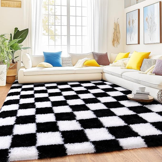 Checkered Rug for Living Room 8x10, Ultra Fluffy Fuzzy Shag Black and White Large Area Rug for Bedroom, Modern Plush Soft Upgrade Non-Slip Carpet for Kids Girls and Boys Room Dorm Home Decor