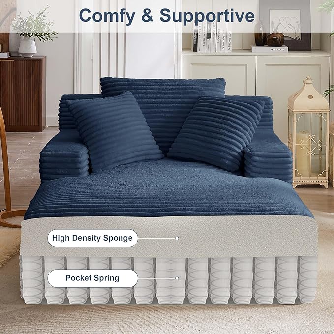 GNIXUU Oversized Chaise Lounge Chair Indoor, Comfy Fluffy Lounge Sofa Upholstered Sleeper Sofa Couch with Throw Pillows and Armrests, Corduroy Plush Cloud Chair for Living Room, Blue