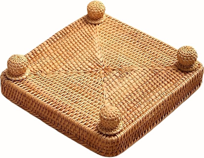 i-lan 9" Square Rattan Decorative Riser for Display,Small Items Serving Basket Vanity Tray - Square Woven Bread, Fruit, Keys Bowl Pedestal Stand,Flat Wicker Decorative Snack Trays for Candy Dish