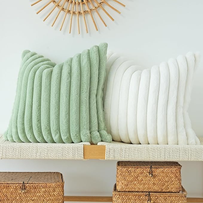 JOJUSIS Pack of 2 Faux Fur Plush Decorative Throw Pillow Covers Couch Cushion Case Soft Pillowcases (Sage Green, 16 x 16-Inch)