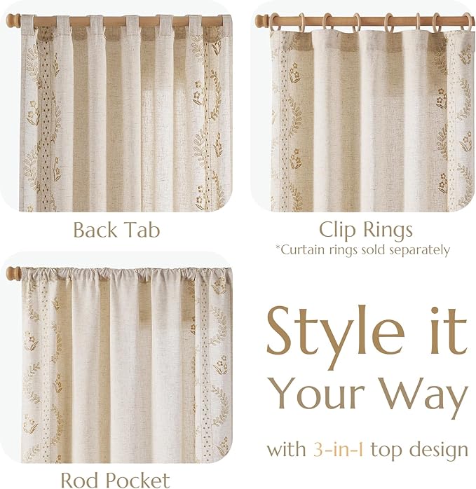 jinchan Belrose Linen Curtains for Bedroom Floral Curtains 63 Inch Length Linen Blend Beige Embroidered Drapes Farmhouse Flower Patterned Drapes for Living Room Window Treatments Set 2 Panels