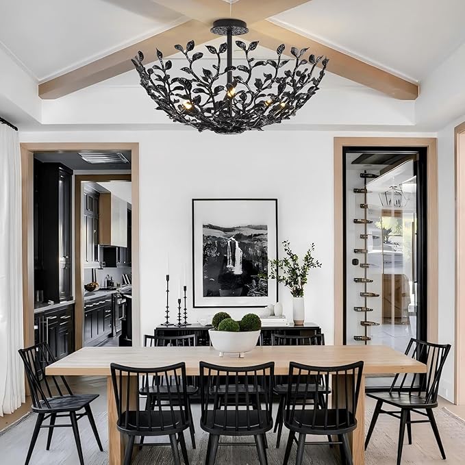 Black Tree Branch Semi Flush Mount Ceiling Light, 6-Light Chandeliers Ceiling Lighting, 25.5" Metal Modern Farmhouse Chandeliers for Kitchen Entryway Living Room Bedroom Foyer Hallway