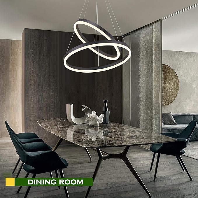 2-Rings Modern LED Chandelier Black for Dining Room, Circular Flush Mount Ceiling Chandelier Light Dimmable Pendant Light with Remote Control for Living Room Entrance Foyer, 3000K-6500K