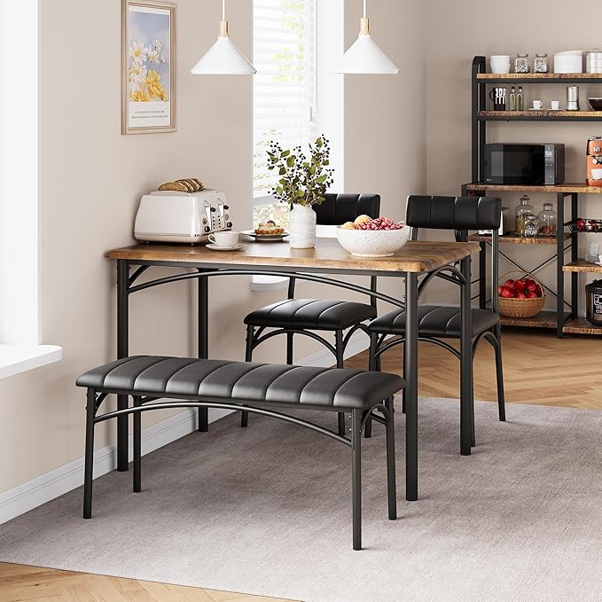 IDEALHOUSE Dining Table Set for 4, Kitchen Table with Chairs for 4, Rectangular Wood Dining Room Table Set with Upholstered Bench for Small Space, Dinner, Apartment, Retro Brown
