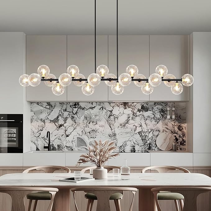 Modern Linear Chandeliers for Dining Room 70 Inhch Sputnik Linear Chandelier Clear Striped Glass Globe Pendant Light for Kitchen Island, Farmhouse, Living Room, Dia 70 Inch