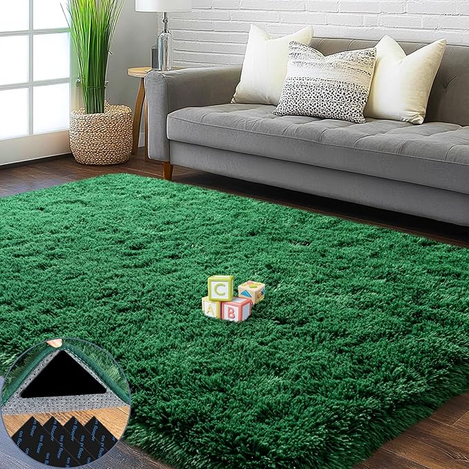 4x6 Area Rug for Bedroom, Green Rugs for Living Room Nursery Kids Room Dorm Home Decor Aesthetic, Fluffy Shaggy Rug with 4 Anti-Slip Carpet Tapes, Dark Green