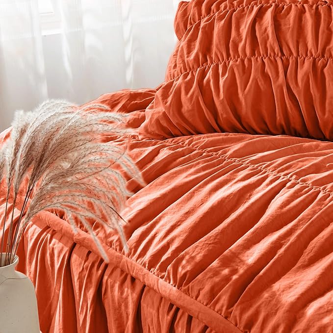 Bonlino King Size Comforter Set Bedding - Ruched Coral Comforter King Bed Set Boho Shabby Chic Comforter Fluffy 3 Piece Ruffle Comforter Set with Pillow Girl Bedding Soft and Luxury