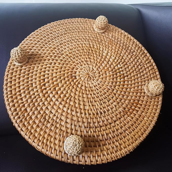 i-lan 12.5 Inch Round Rattan Serving Basket-Round Woven Bread, Fruit, Keys Bowl Pedestal Stand with 1”Side, Flat Wicker Decorative Snack Basket Trays for Candy Dish, Rustic Platter, Display Riser