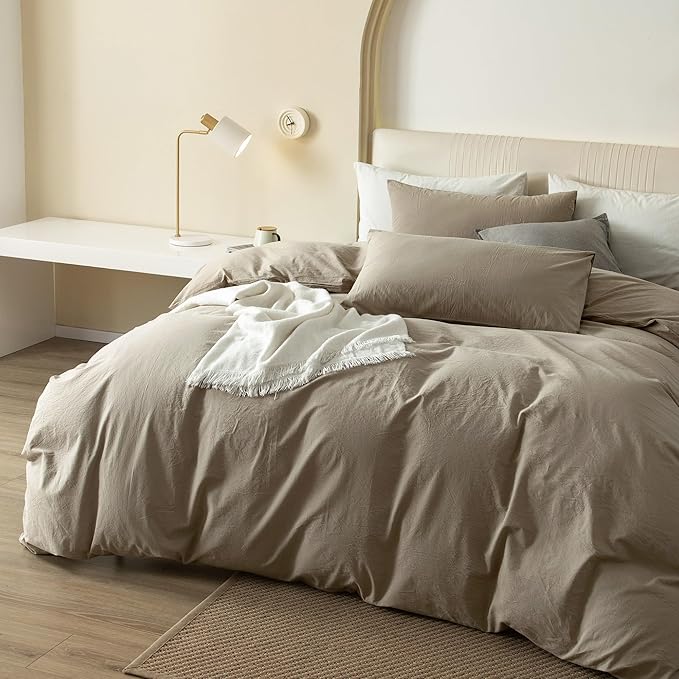 JIYUAN 100% Washed Cotton Duvet Cover Set 2 Pieces Twin, 1 Duvet Cover 68x90 Inches(Comforter Not Included) and 1 Pillowcases,Linen Feel Bedding Set Comfy and Breathable,Khaki