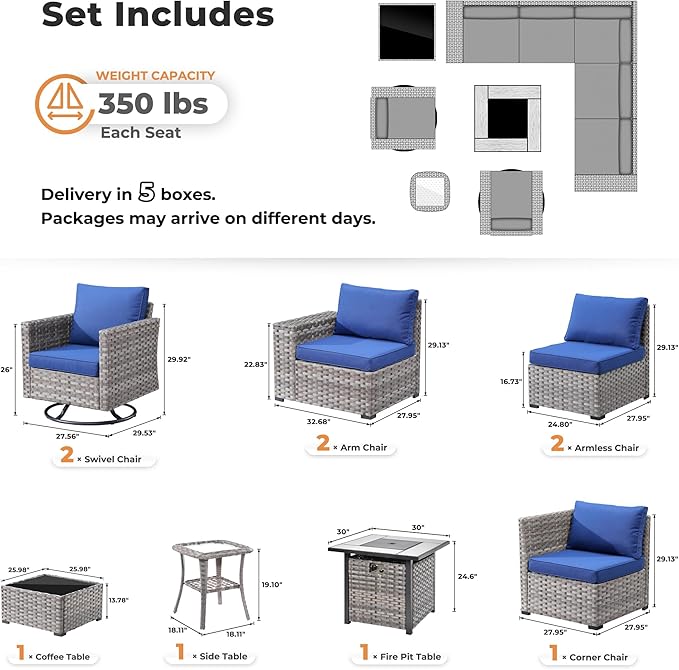 ovios 10 Pieces Patio Furniture Set, Outdoor Wicker Sectional Sofa with 30" Fire Pit Table Swivel Chairs, Modern Modular Deep Seat Rattan Couch Conversation Sets, Navy Blue