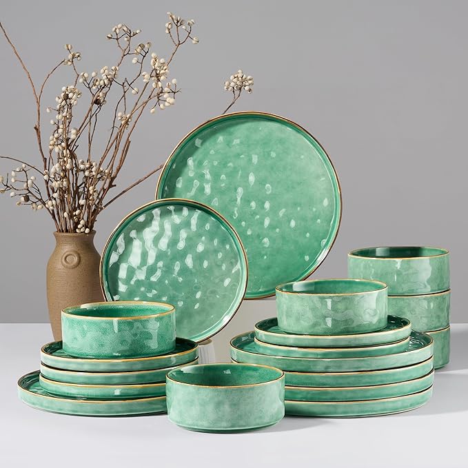 HaWare Dinnerware Sets, 18-Piece Plates and Bowls Set, Stoneware Dish Set for 6, Ceramic Dinnerware for Home Restaurant, Chip and Scratch Resistant, Microwave and Dishwasher Safe, Reactive Green