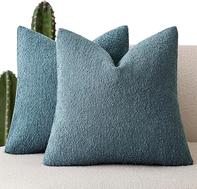 Foindtower Pack of 2, Decorative Textured Boucle Throw Pillow Covers Accent Solid Pillow Cases Cozy Soft Couch Cushion Case for Chair Sofa Bedroom Living Room Home Decor 22x22 Inch Misty Blue