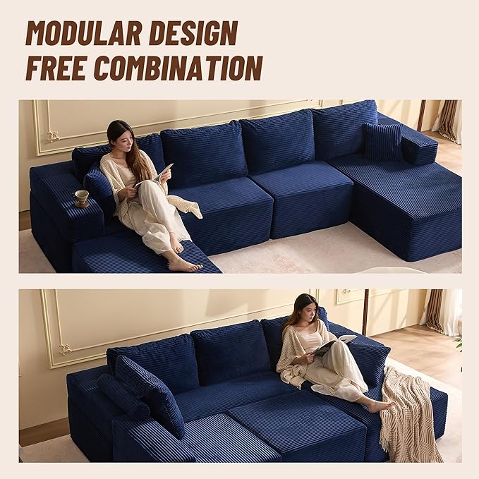 138" Boneless Couch with Deep Seat, Modular Sectional Sofa, Cloud Sectional Couch for Living Room, No Assembly Required, Corduroy, U-Shape 4 Seater Right, Blue
