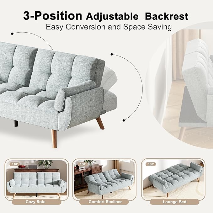 Futon Couch for Small Spaces & Apartment, 2-in-1Modern Comfy Loveseat Convertible Sofa Bed, 75.4-Inch Compact Design for Living Room, Dorms, and Studios-Grey