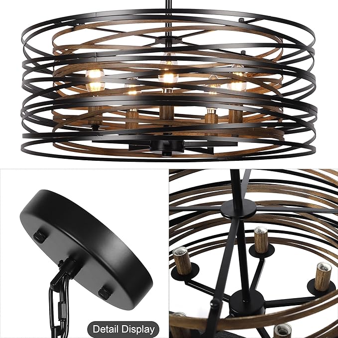 5-Light Drum Chandelier for Dining Room，19.7" Rustic Farmhouse Dining Room Light Fixture，Wood Grain and Vintage Black Metal Chandeliers for Kitchen Entryway Living Room