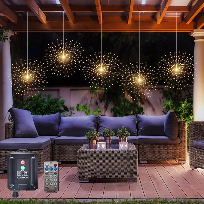 5 Pcs 1000LED Solar Starburst Sphere Lights,Firework Light Remote Control Timer 8 Modes Dimmable Waterproof Hanging Fairy Light, Sparkly Lights for Patio Garden Tent Outdoor(Warm White)