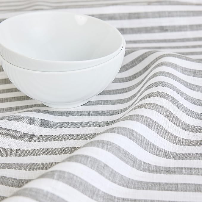Solino Home Linen Placemats Set of 4 - Amalfi Stripe Grey and White Placemats 14 x 19 Inch - 100% Pure Linen Place Mats for Fall, Autumn