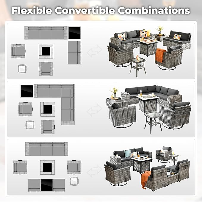 ovios 10 Pieces Patio Furniture Set, Outdoor Wicker Sectional Sofa with 30" Fire Pit Table Swivel Chairs, Modern Modular Deep Seat Rattan Couch Conversation Sets, Black