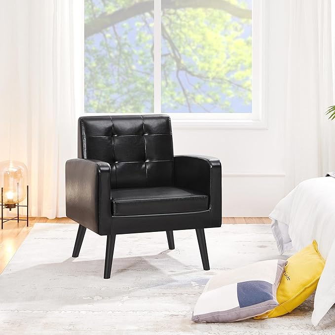 Yaheetech Mid-Century Accent Chairs, PU Leather Modern Upholstered Living Room Chair, Cozy Armchair Button Tufted Back and Wood Legs for Bedroom/Office/Cafe Black
