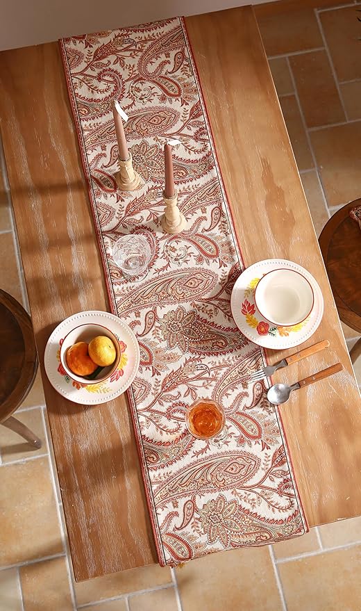 ISAENNE Designer Elegant Red Linen Extra Long Table Runner 118 Inches,Vintage Paisley Pattern Durable Table Runners for Dining Tables,Thanksgiving,Kitchen Tables,Christmas,12"*118"-Chauffrey A