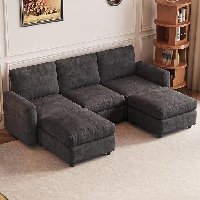 Modular Sectional Sofa with 2 Ottomans, Large Deep Seat L-Shaped Couch for Living Room, Oversized Velvet Loveseat, Modern Family Sofa Set with Storage, Comfy Grey Sofa Bed Sleeper