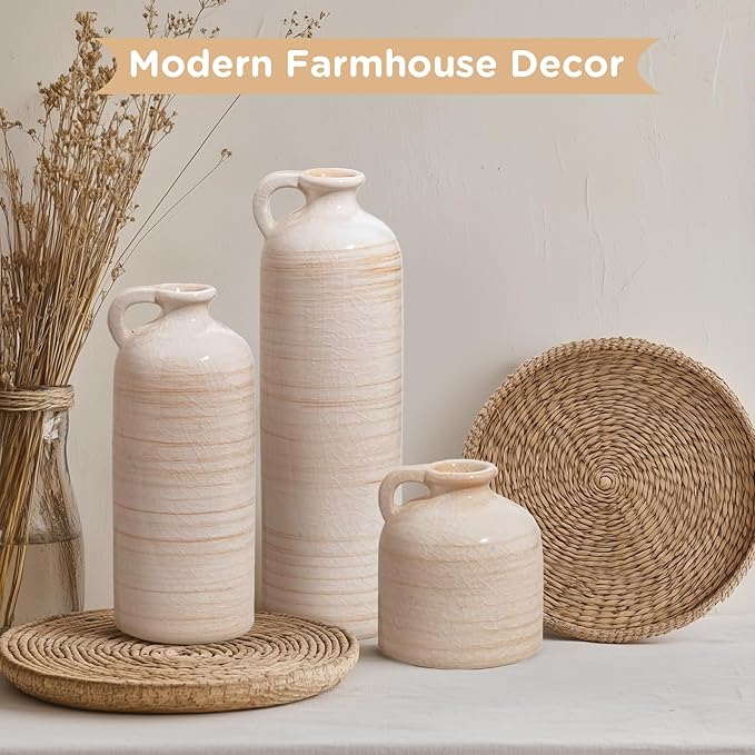 Ceramic Vase Set of 3 – Handcrafted Modern Farmhouse Decorative Vases, Neutral Pottery for Pampas Grass, Flowers, Table Centerpieces, Living Room, Mantel & Shelf Decor – Beige