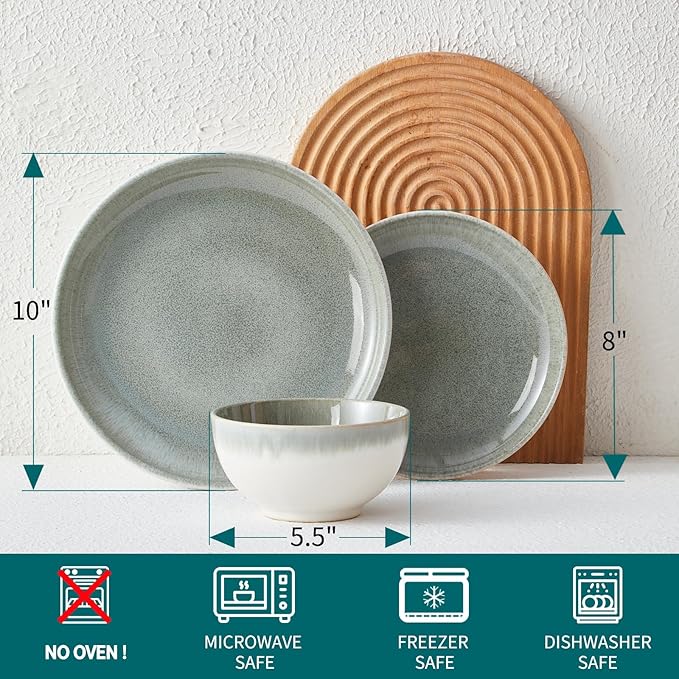 24 Piece Dinnerware Sets for 8, Modern Stoneware Plates and Bowls Sets, Perfect for Family Gatherings & Holiday Celebrations, Easy Cleaning Dishes, Stack Compactly Plate Set, Gradient Green