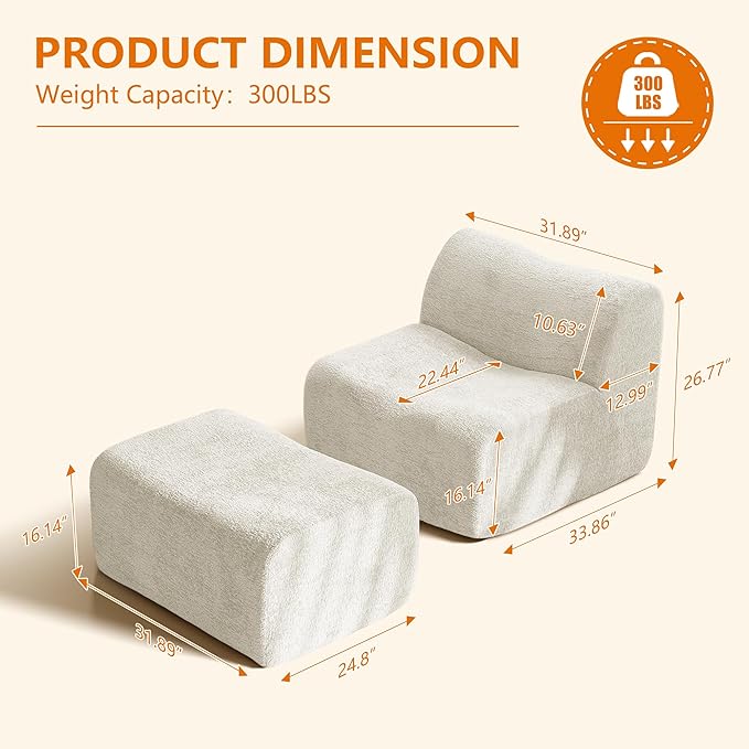 Lazy Sofa Chair, Modern Comfy Raindrop Velvet Fabric Deep Seat Armless Lounge Chair Movable Ottoman Set, 1-Seater Modular Sectional Sleeper Couch for Living Room, Bedroom, Office, Salon, Beige