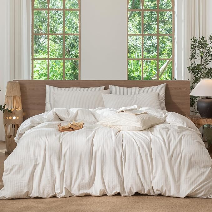 MooMee Striped Duvet Cover Set 100% Washed Cotton Linen Like Textured Breathable Durable Soft Comfy (White Almond Milk Grey Wide Stripes, Cal King 104"x98")